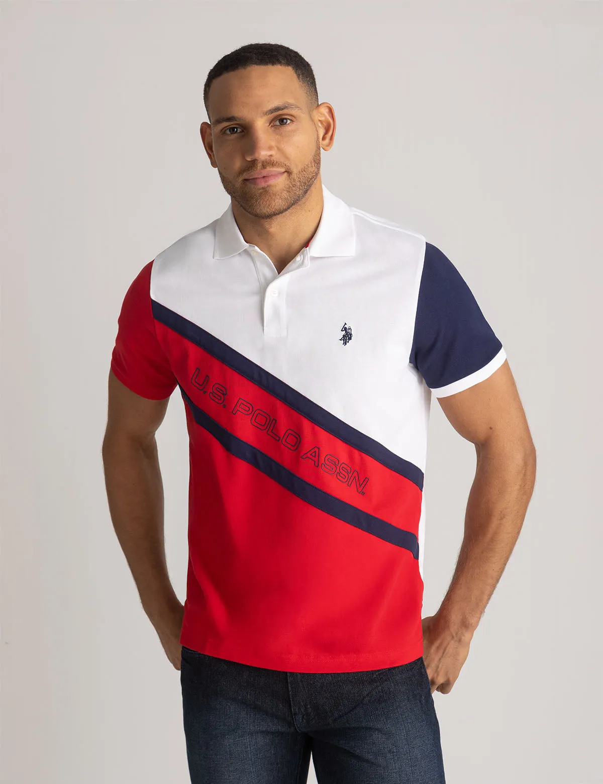 COLOR BLOCK DOUBLE DIAGONAL SASH POLO SHIRT sold by U.S. Polo Assn.