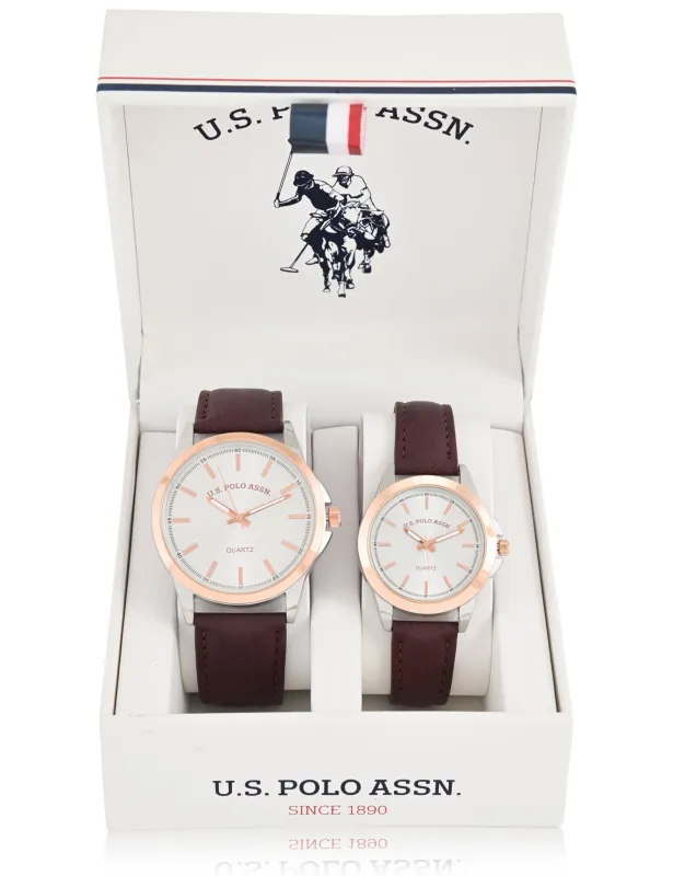 HIS AND HERS BROWN STRAP WATCH SET sold by U.S. Polo Assn.