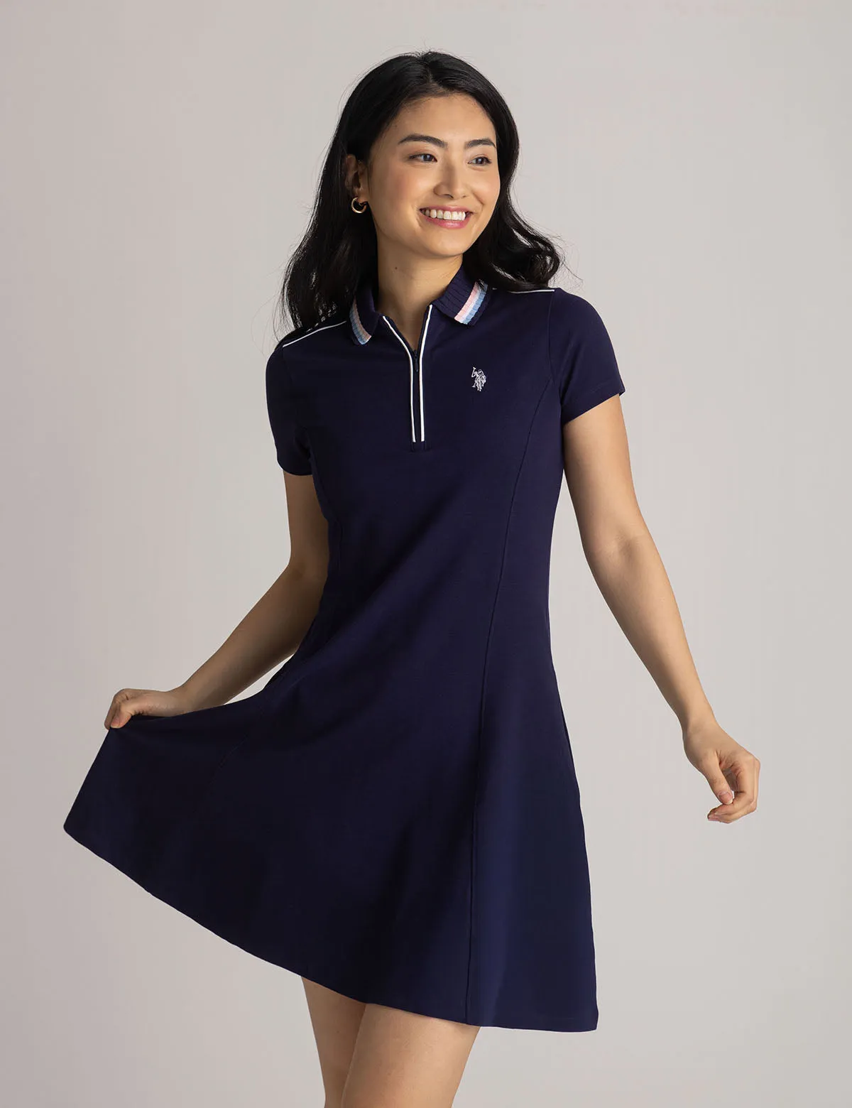 STRIPE COLLAR ZIP SWING POLO DRESS sold by U.S. Polo Assn.