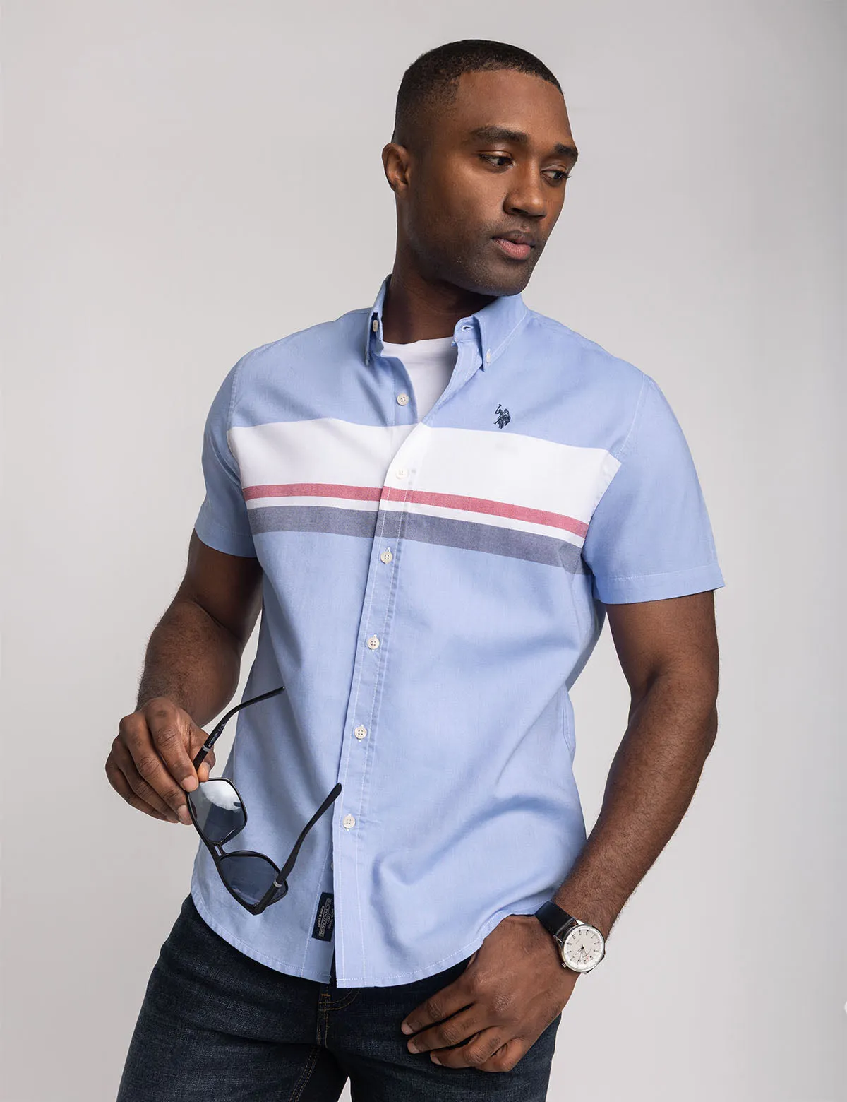 SHORT SLEEVE COLOR BLOCK CHEST STRIPE SHIRT sold by U.S. Polo Assn.