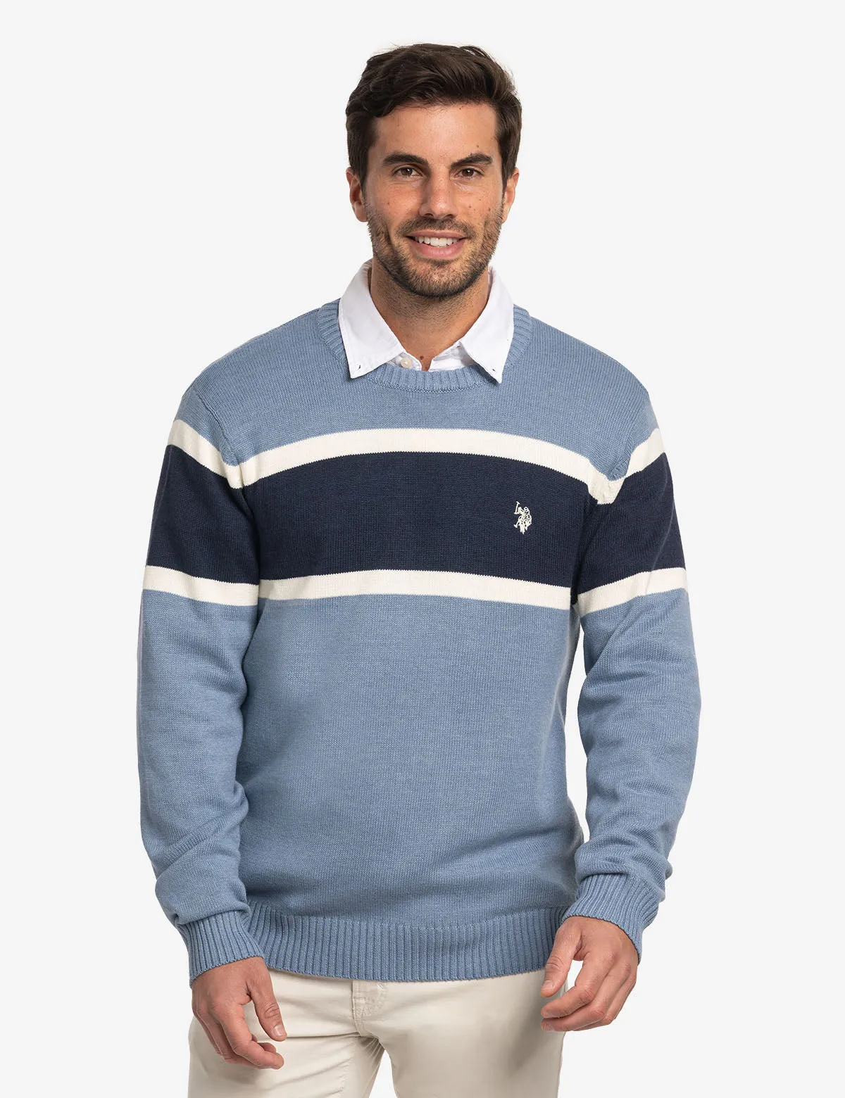 SOFT ENGINEERED STRIPE CREW NECK SWEATER sold by U.S. Polo Assn.