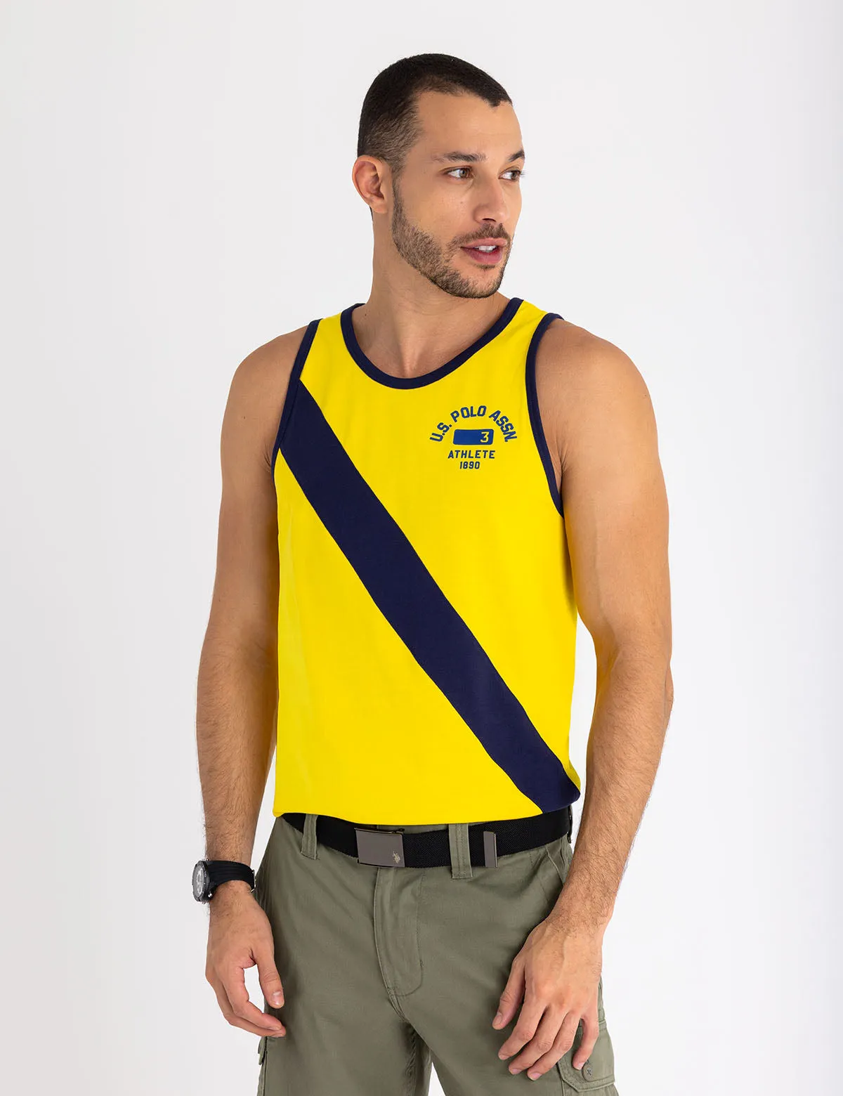 CONTRAST DIAGONAL SASH MUSCLE TANK sold by U.S. Polo Assn.