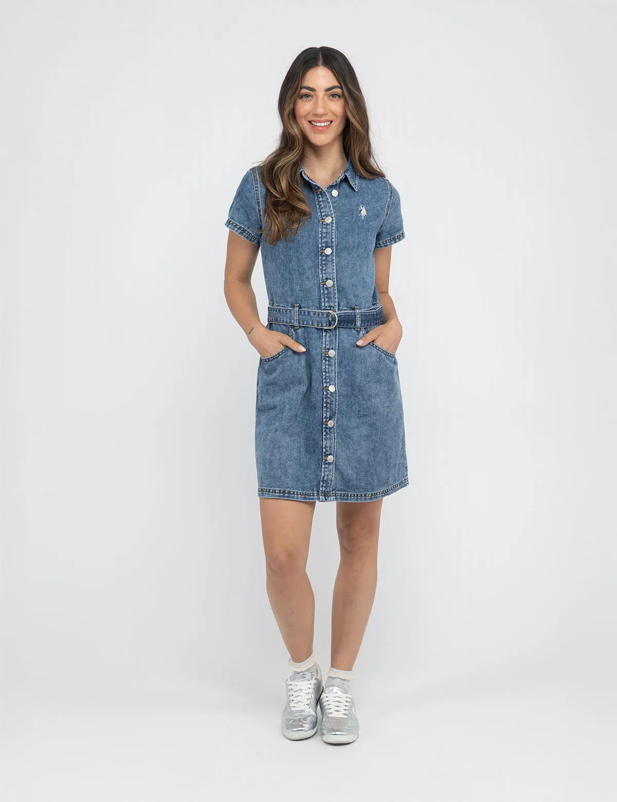 SHORT SLEEVE BELTED DENIM DRESS sold by U.S. Polo Assn.