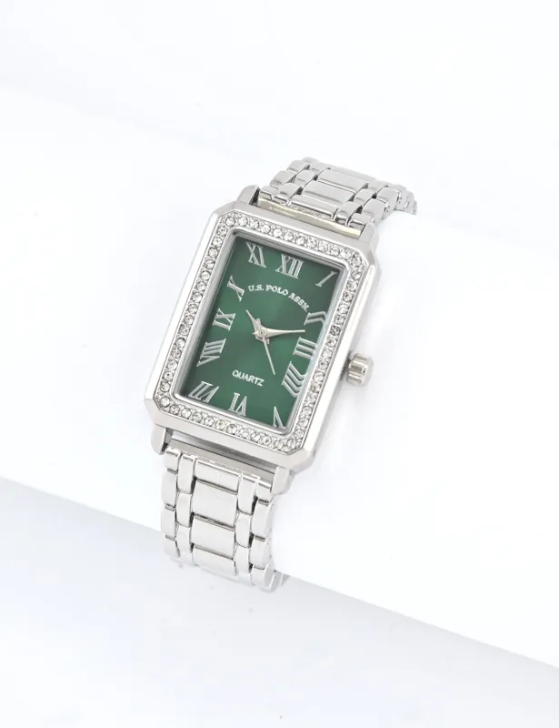 LADIES SQUARE SILVER LINK WATCH WITH GREEN FACE sold by U.S. Polo Assn.