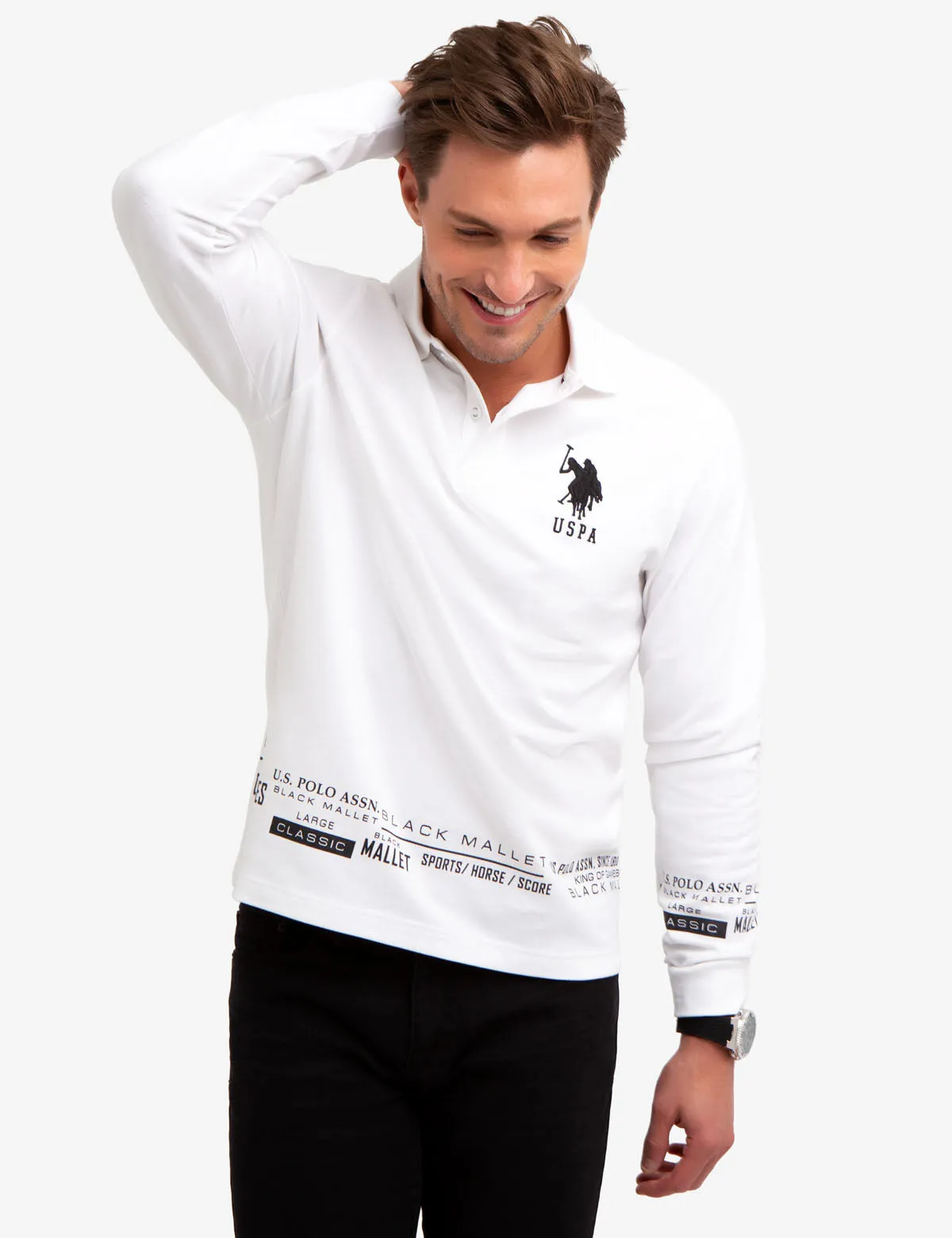 BLACK MALLET LOGO PRINT LONG SLEEVE POLO SHIRT sold by U.S. Polo Assn.