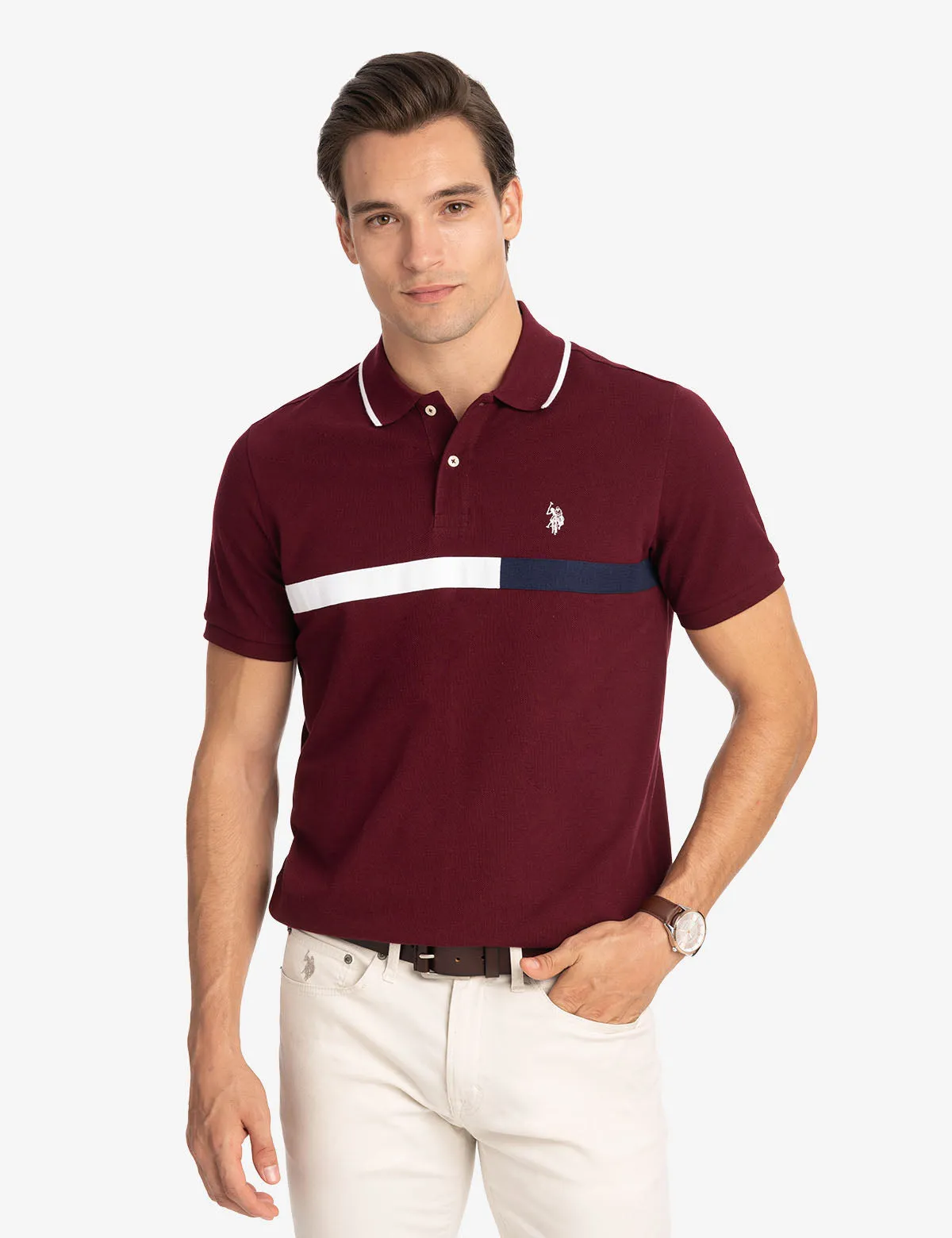 COLOR BLOCK CHEST STRIPE PIQUE POLO SHIRT sold by U.S. Polo Assn.