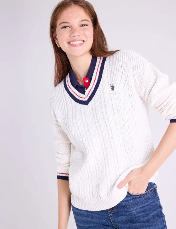 SIGNATURE TIPPED V-NECK CABLE SWEATER sold by U.S. Polo Assn.