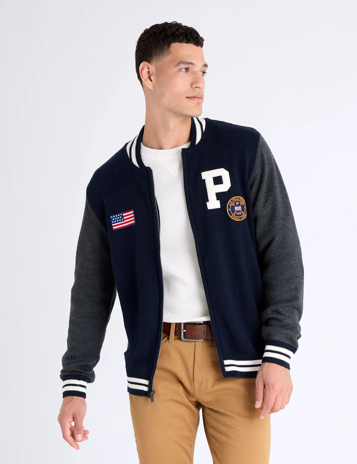 FULL ZIP PATCH VARSITY SWEATER sold by U.S. Polo Assn.