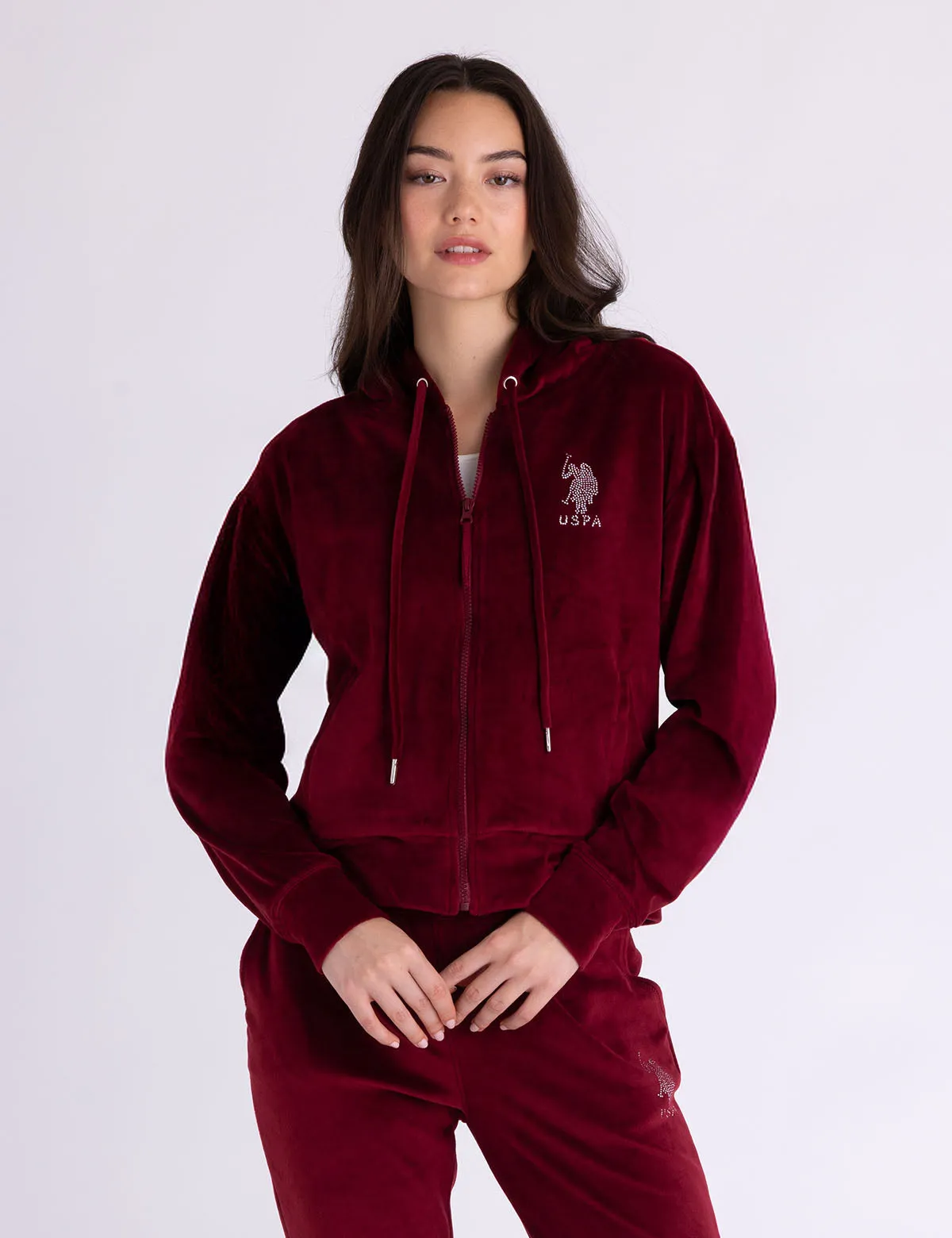 VELOUR RHINESTONE ZIP UP HOODIE sold by U.S. Polo Assn.