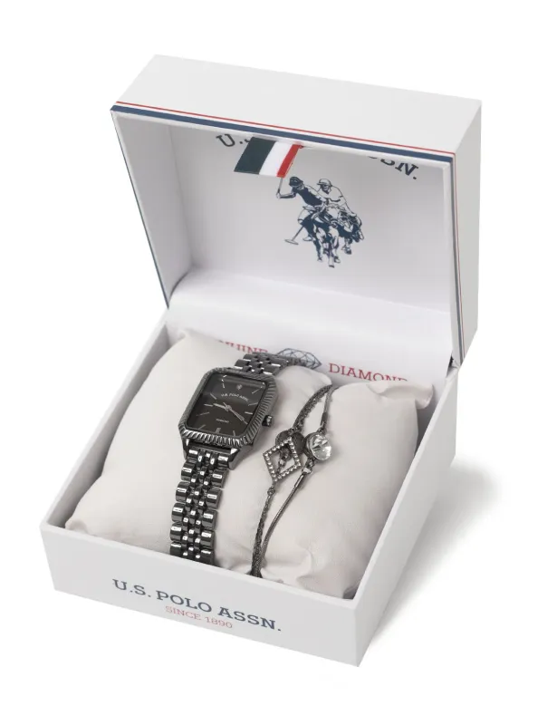 LADIES GUNMETAL SQAURE FACE WATCH AND BRACELET SET sold by U.S. Polo Assn.