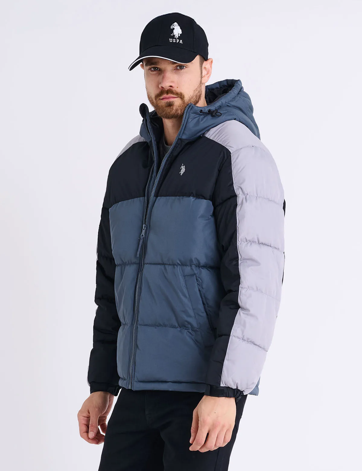 TRI COLOR BLOCK HOODED PUFFER JACKET sold by U.S. Polo Assn.