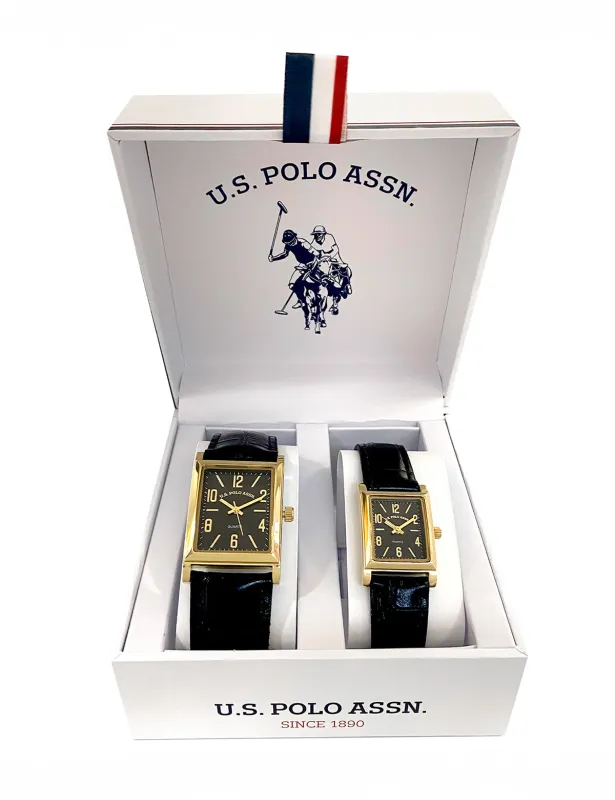 HIS AND HERS BLACK STRAP SQUARE FACE WATCH SET sold by U.S. Polo Assn.