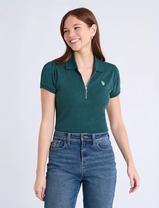 HALF ZIP PUFF SLEEVE HEATHER POLO SHIRT sold by U.S. Polo Assn.