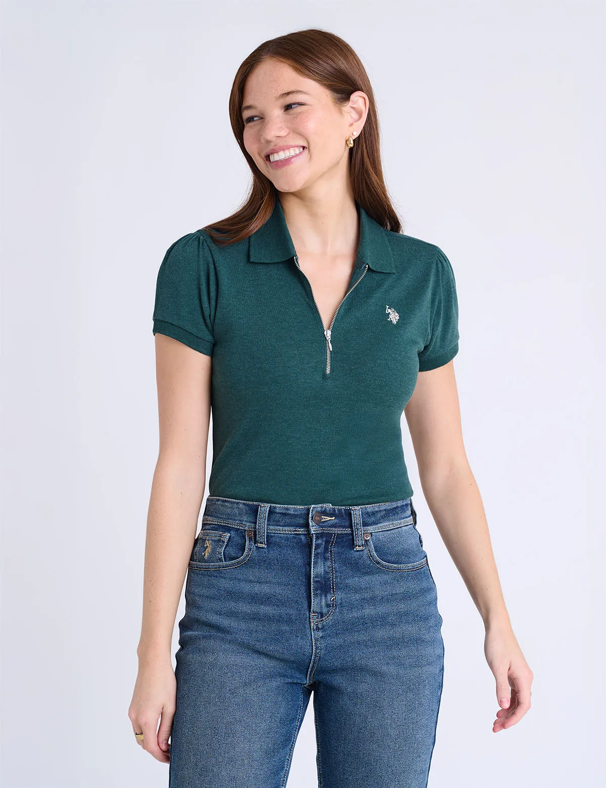 HALF ZIP PUFF SLEEVE HEATHER POLO SHIRT sold by U.S. Polo Assn.