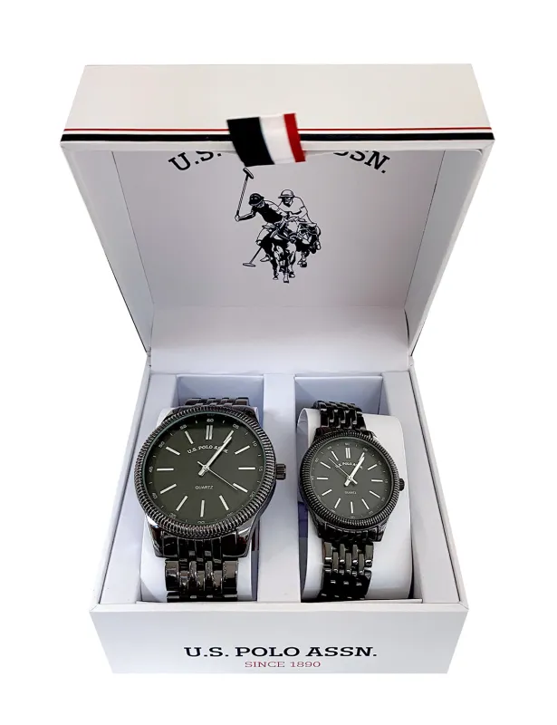 HIS AND HERS GUNMETAL LINK WATCH SET sold by U.S. Polo Assn.