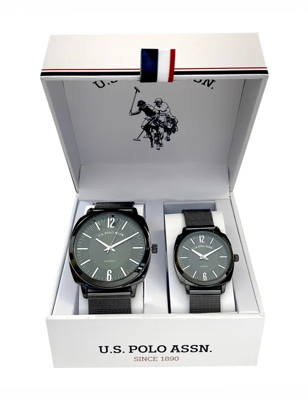 HIS AND HERS GUNMETAL MESH STRAP WATCH SET made by U.S. Polo Assn.