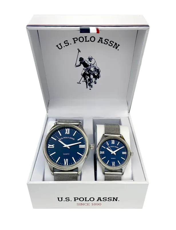 HIS AND HERS SILVER MESH STRAP WATCH SET sold by U.S. Polo Assn.