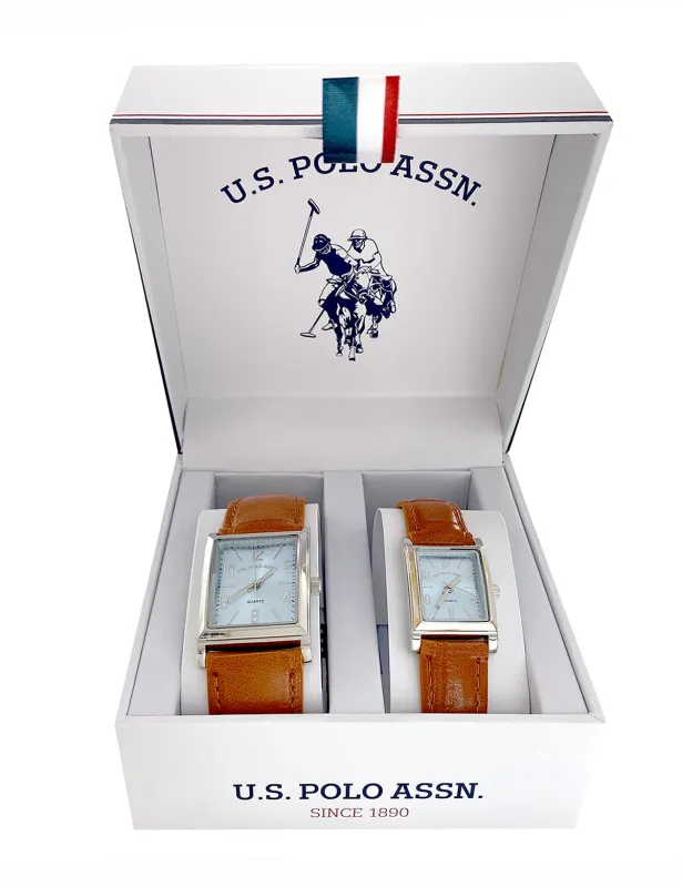 HIS AND HERS BROWN STRAP SQUARE FACE WATCH SET made by U.S. Polo Assn.