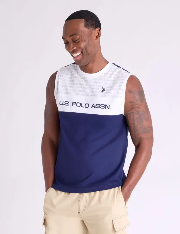ALLOVER WORDMARK PRINT COLORBLOCK TANK sold by U.S. Polo Assn.