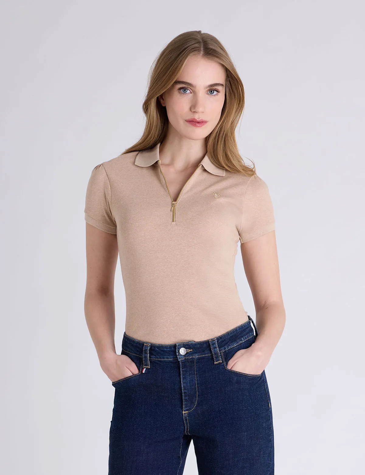 HALF ZIP PUFF SLEEVE HEATHER POLO SHIRT sold by U.S. Polo Assn. product image thumbnail 5