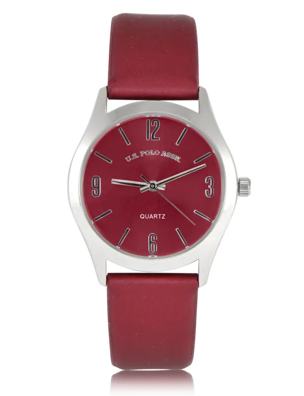 LADIES BURGUNDY STRAP WATCH WITH SILVER ACCENT made by U.S. Polo Assn.