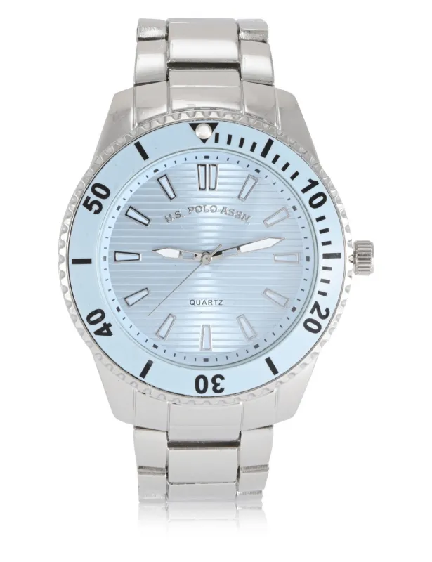 MENS SILVER LINK WATCH WITH BLUE FACE made by U.S. Polo Assn.