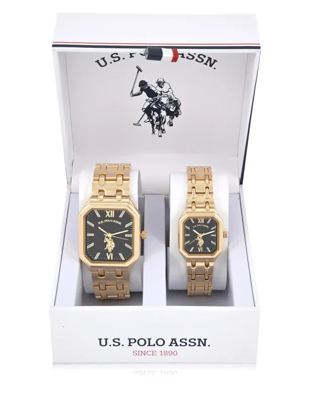 HIS AND HERS GOLD SQUARE LINK WATCH SET made by U.S. Polo Assn.