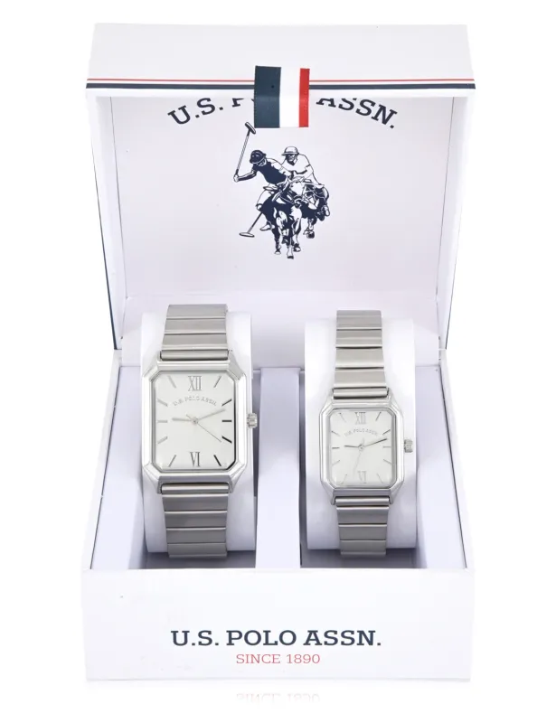 HIS AND HERS SILVER SQUARE WATCH SET made by U.S. Polo Assn.