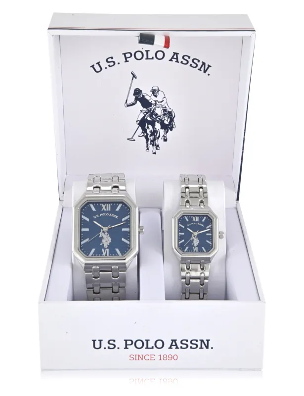 HIS AND HERS SILVER SQUARE FACE LINK WATCH SET made by U.S. Polo Assn.