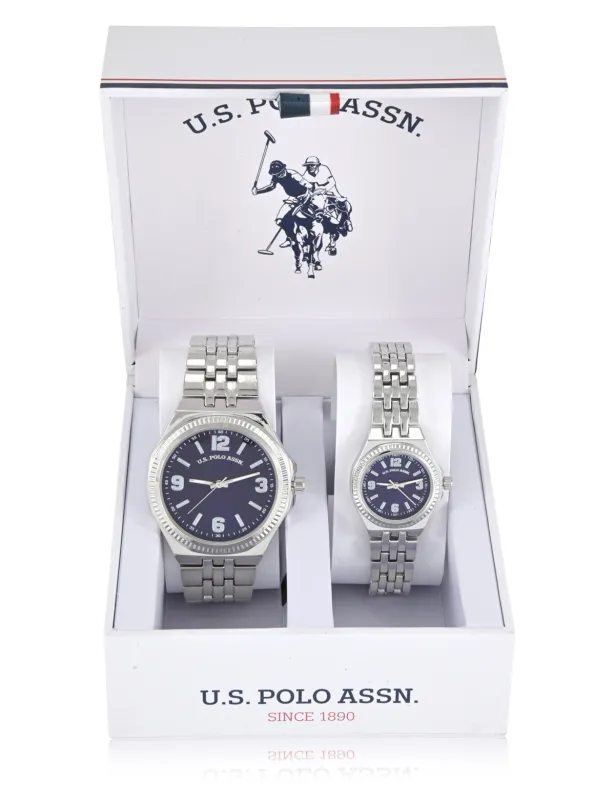 HIS AND HERS SILVER LINK WATCH SET made by U.S. Polo Assn.