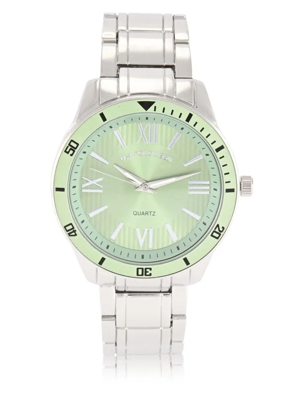 MENS SILVER LINK WATCH WITH GREEN FACE made by U.S. Polo Assn.