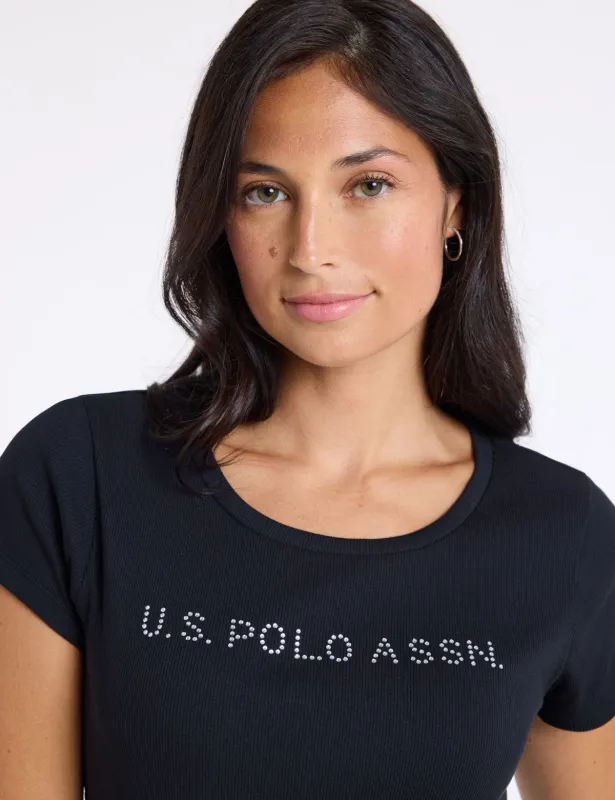 RHINESTONE WORDMARK SEMI SCOOP T-SHIRT made by U.S. Polo Assn.