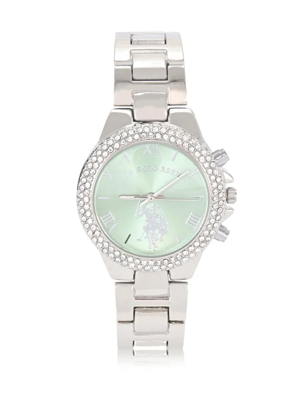 LADIES EMBELLISHED SILVER LINK WATCH WITH MINT FACE made by U.S. Polo Assn.