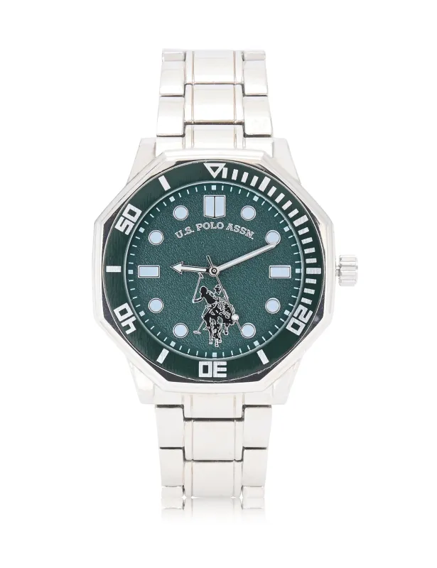 MENS SILVER TONE LINK WATCH WITH GREEN DIAL made by U.S. Polo Assn.