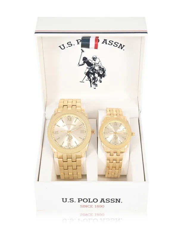 HIS AND HERS GOLD LINK WATCH SET made by U.S. Polo Assn.