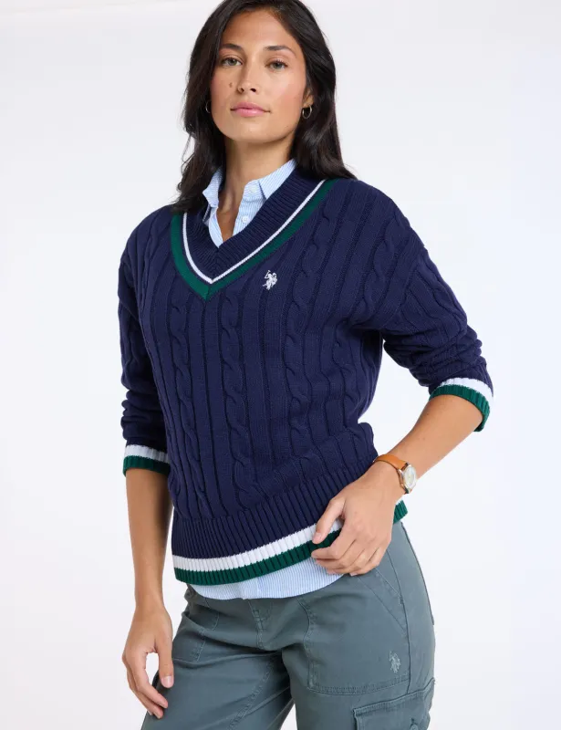 VARSITY STRIPE V-NECK CABLE SWEATER made by U.S. Polo Assn.