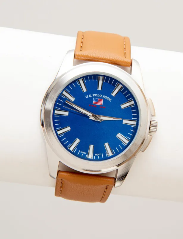 MEN'S CAMEL STRAP WATCH WITH BLUE DIAL sold by U.S. Polo Assn.