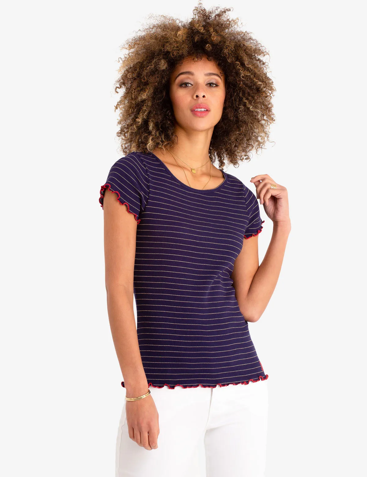 LUREX STRIPE RUFFLE SLEEVE TOP sold by U.S. Polo Assn.