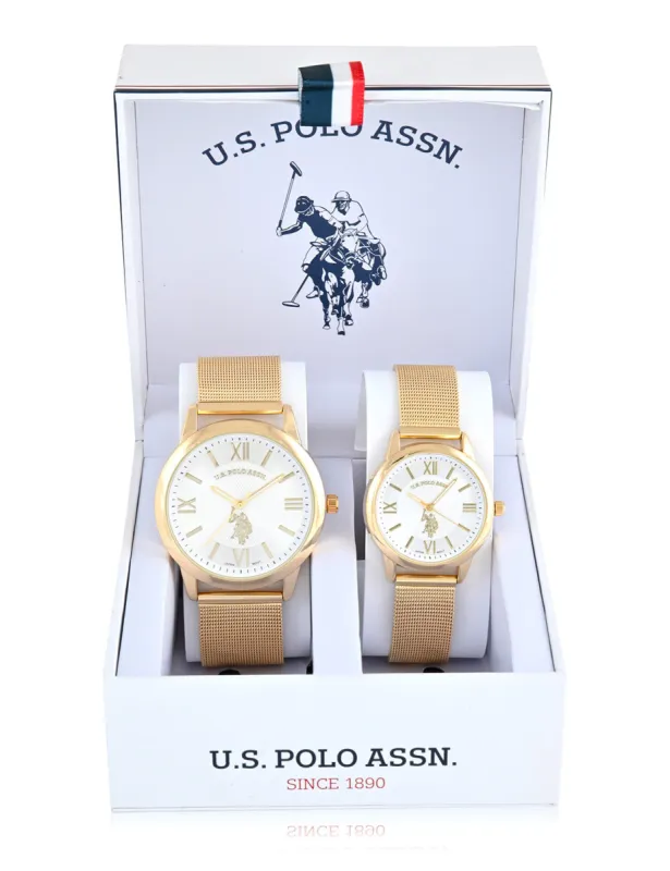 HIS AND HERS GOLD MESH STRAP WATCH SET made by U.S. Polo Assn.