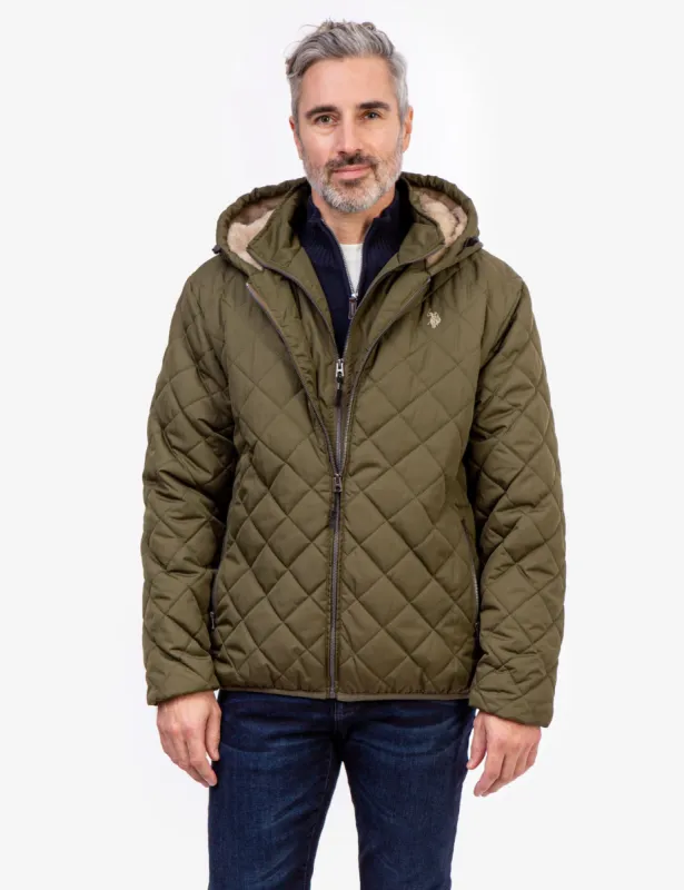 DIAMOND QUILTED HOODED JACKET WITH SHERPA sold by U.S. Polo Assn.