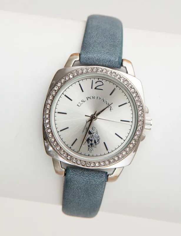 LADIES RHINESTONE CASE STRAP WATCH made by U.S. Polo Assn.
