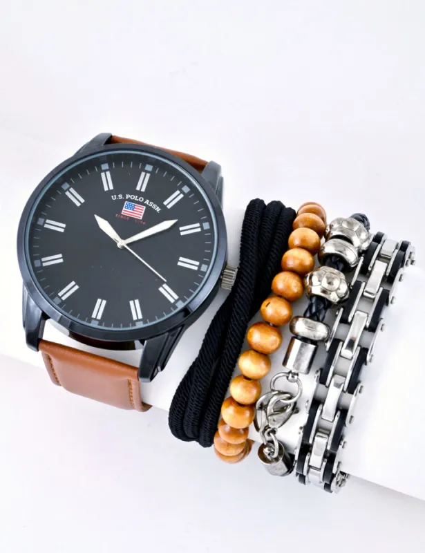 MEN'S OVERSIZED BLACK & BROWN WATCH & BRACELETS SET sold by U.S. Polo Assn.