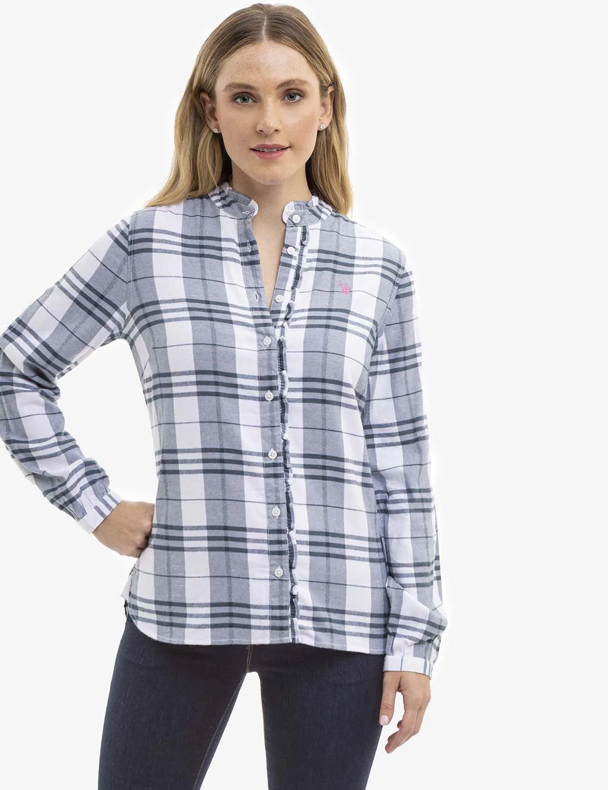 LONG SLEEVE RUFFLE PLAID TOP sold by U.S. Polo Assn.