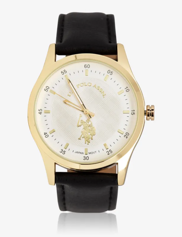 MEN'S DARK BROWN FAUX-LEATHER WATCH WITH GOLD TONE FACE sold by U.S. Polo Assn.