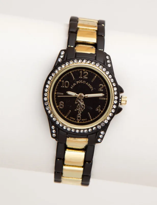 USPA WOMEN'S RHINESTONE, BLACK & GOLD TONE WATCH sold by U.S. Polo Assn.