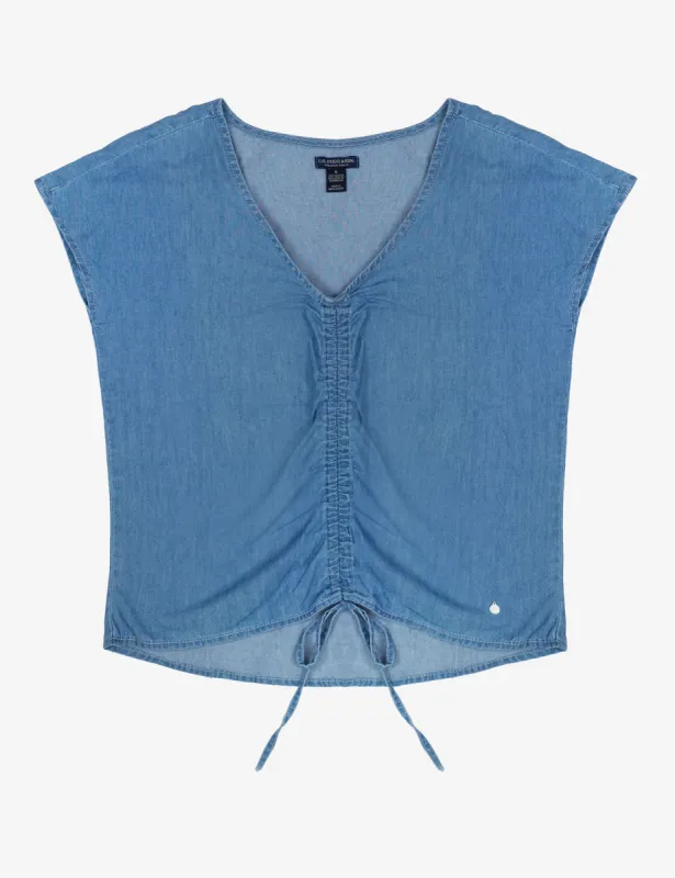 DENIM RUCHED SHORT SLEEVE TOP sold by U.S. Polo Assn.