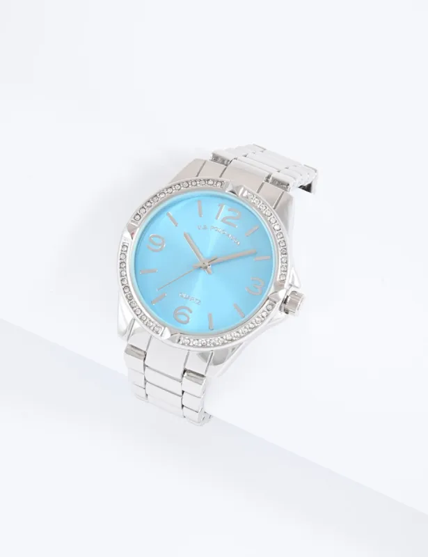 LADIES SILVERTONE BLUE ACCENT LINK WATCH sold by U.S. Polo Assn.