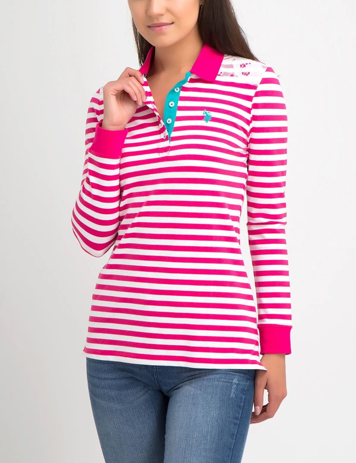 LACE TRIM STRIPE LONG SLEEVE POLO SHIRT sold by U.S. Polo Assn.