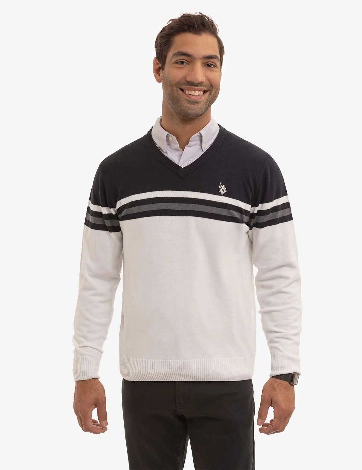 SOFT ENGINEERED STRIPE V-NECK SWEATER sold by U.S. Polo Assn.