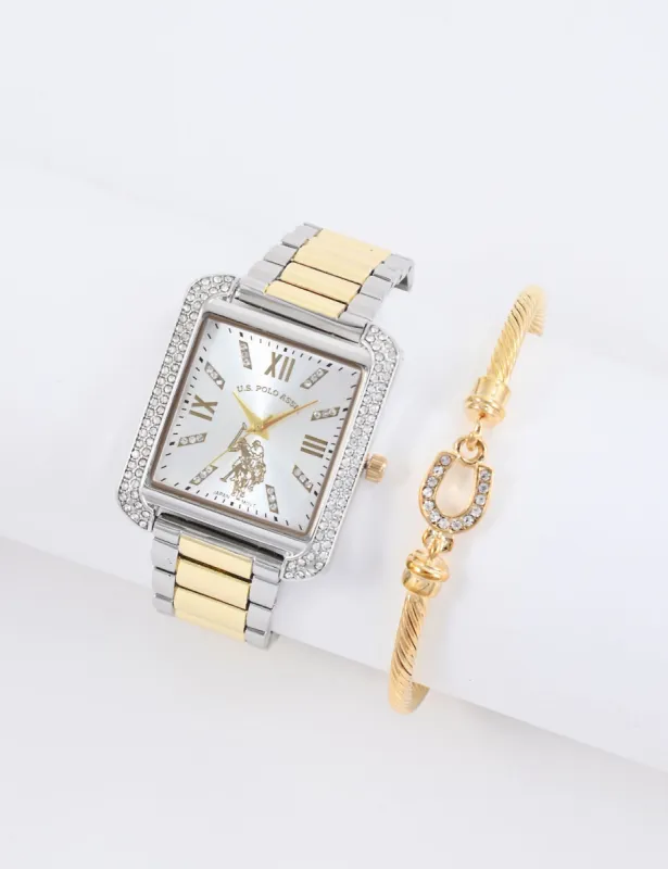 LADIES SILVER AND GOLD WATCH AND BRACELET SET sold by U.S. Polo Assn.